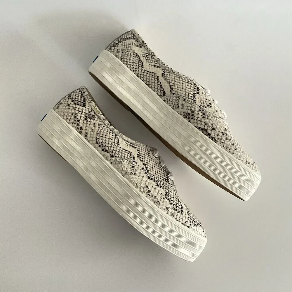 Keds Leather Platform Sneakers Snake Print Point-toe Light Beige 8